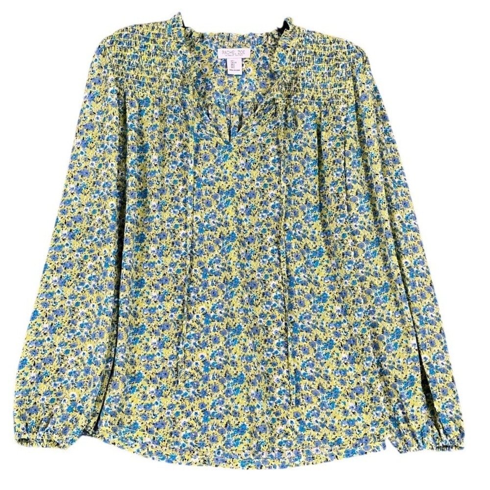 Rachel Zoe Floral Smocked Blouse Long Sleeve Chiffon Pullover‎ Top L Womens